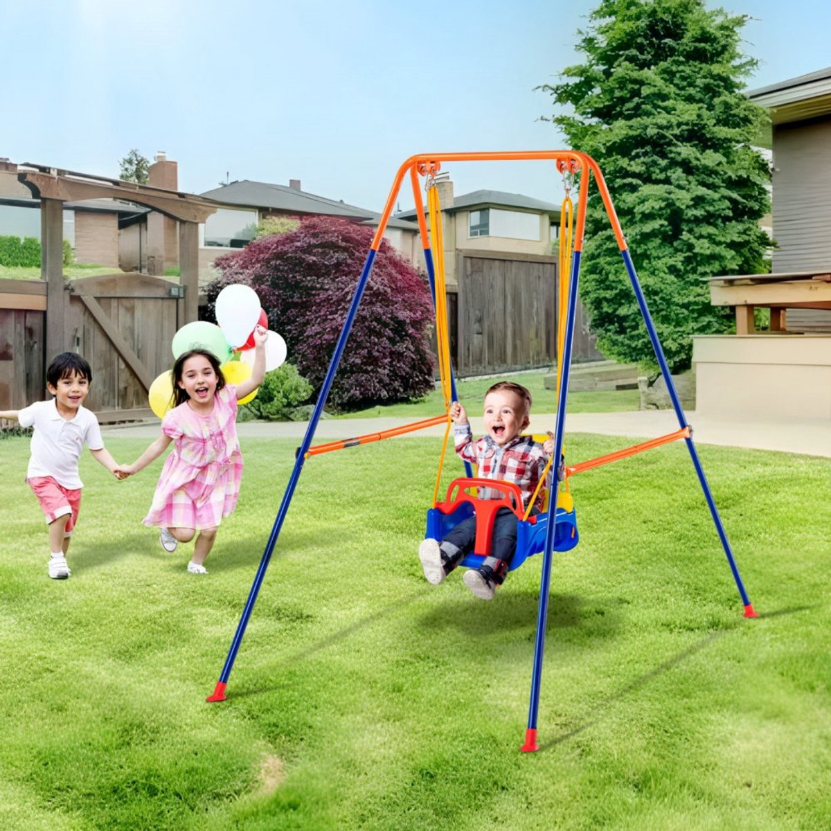Kinderschommelset - Vrijstaande 3-in-1 schommel - Opvouwbare metalen standaard - Met 4 zandzakken - Voor binnen en buiten - Snelle montage - Voor peuters en kinderen 3-10+ jaar