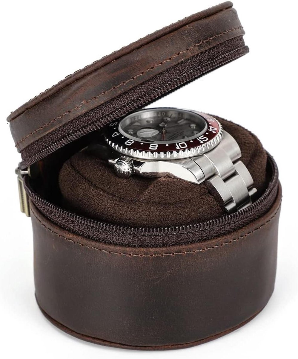 EGoods - Lederen Cilinder Horloge Reizen Case Voor Mechanische Horloges - Draagbare Opslag - Mannen