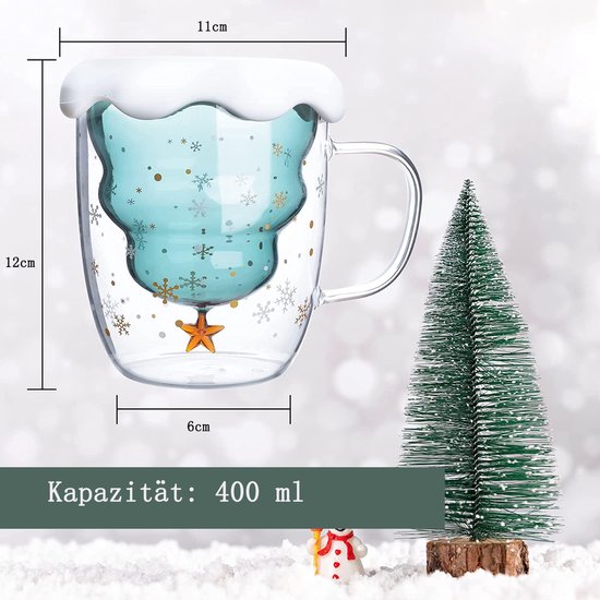 Forbabe Dubbelwandige koffieglazen, 300 ml, kerstmokken, cadeauset met deksel, lepel, onderzetter, kaart, thermoglazen met handvat, schattige kerstboom, kerstmok voor cappuccino, latte, thee, melk