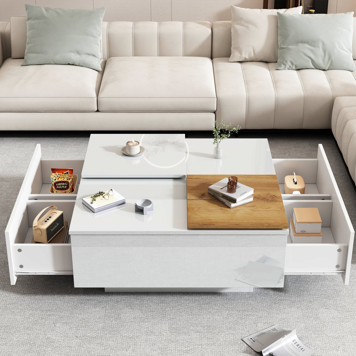 MODFU Witte hoogglans salontafel 75x75x33,5 cm houtnerf met plank, uitschuifbaar bijzetblad en max. draagkracht 30 kg
