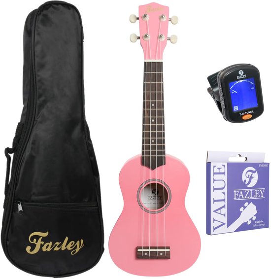 Roze Fazley ukelele starterset met draagtas, stemapparaat en ukelele-snaren.