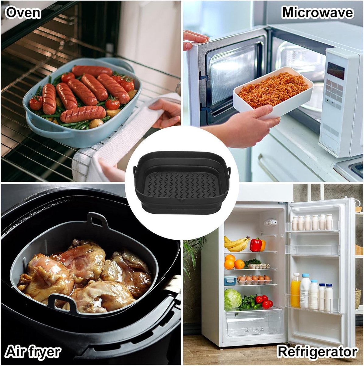 Airfryer Bakje - 2 Stuks - Heteluchtfriteuse Bakvorm - Bakplaat - Siliconen - Bakpapier Alternatief - Opvouwbaar - Herbruikbaar - Airfryer Accesoires - voor Magnetron, Oven, Koelkast - 21*20.3*5cm - Zwart — afbeelding 5