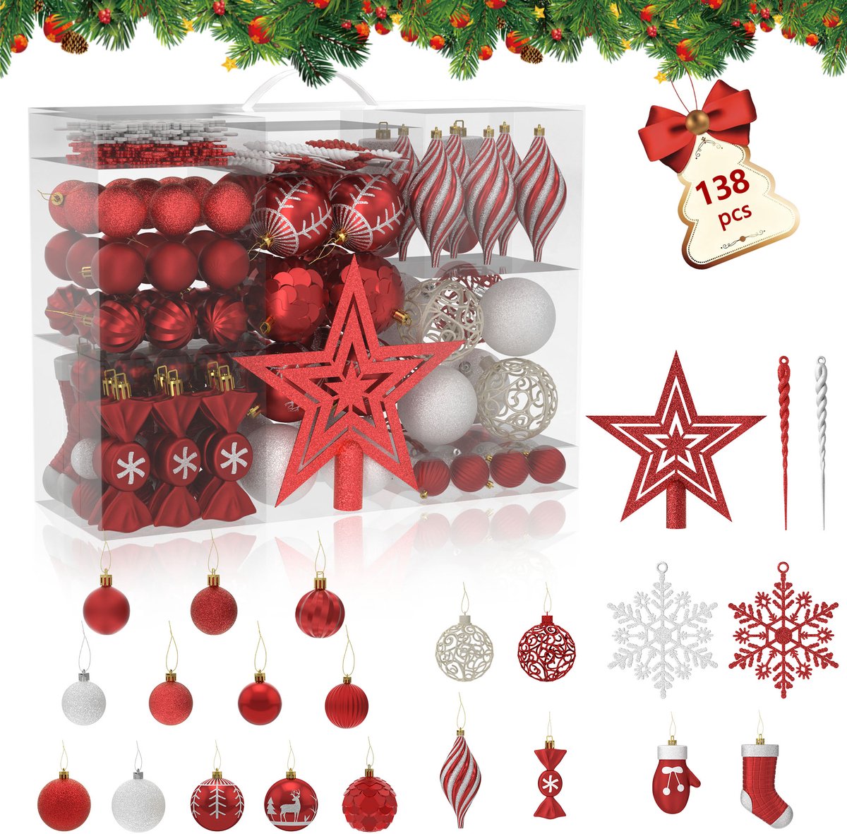 138 stuks kleine kerstballen, kunststof kerstboomversieringen met hangers, kerstversiering, ballen, kerstversieringen, decoratieve kerstboomversieringen, rood