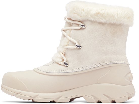 Crème kleurige dames snowboot van Sorel met witte bontkraag en veters.