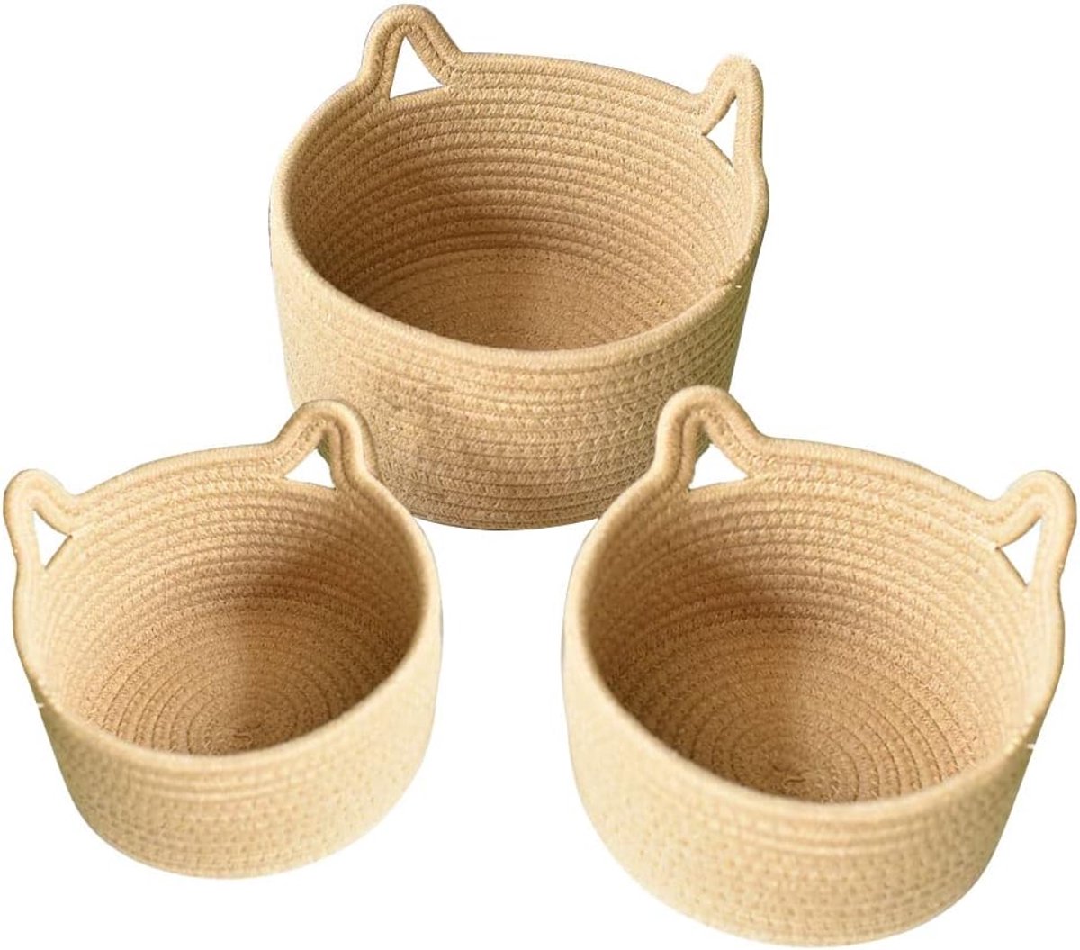 Opbergmanden - Geweven opbergmanden - Opbergmanden voor de babykamer - Leuke ronde opbergmanden met kattenoortjes - Set van 3 - Bruin - Geschikt voor opbergen