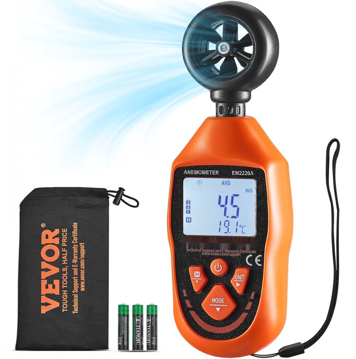 Anemometer Windmeter - Luchtsnelheidsmeter - Draagbaar - Meetbereik tot 69,35 mph (112 km/u) - MAX/MIN/AVG/CU Gegevens - IP44 - Temperatuurbereik -10–45 °C - 163×54×32 mm