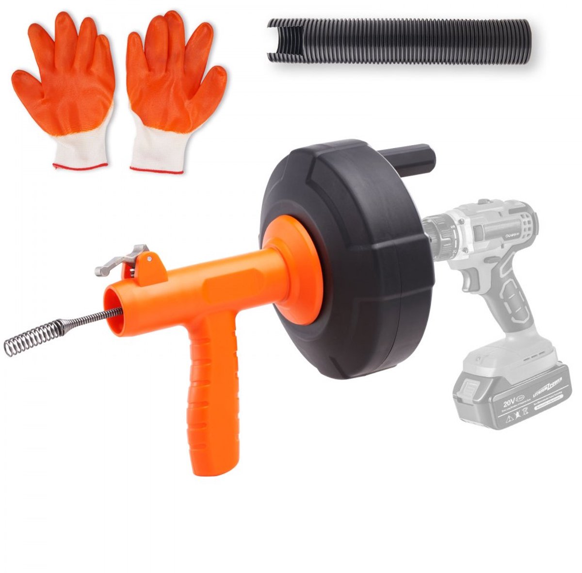 Afvoerontstopper - Ontstoppingsveer met trommel - Veerstaal kabel 6,3 mm x 7,62 m - Handmatige & Automatische toevoer - Voor toilet en vloerafvoer - Draagbaar
