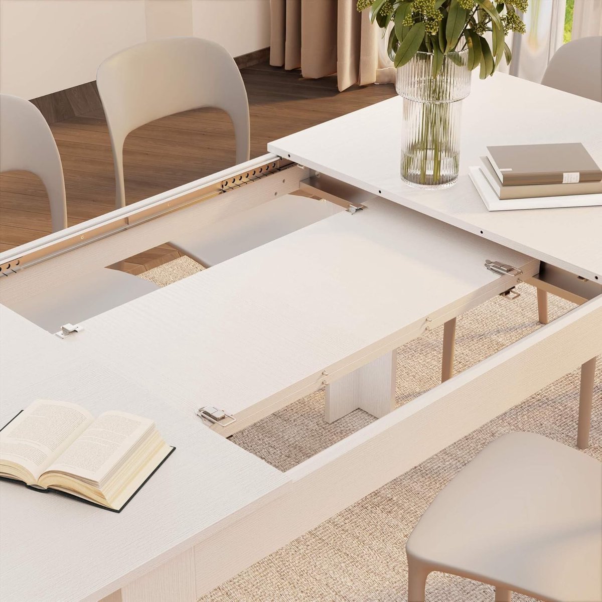 Uitschuifbare Eettafel 140–220 cm in Essen Wit – Moderne Design Eettafel met Opbergbare Verlengstukken – Ruimtebesparende Tafel voor 6–8 Personen – Stevige Melamine Houtlook – Made in Italy – HomeByNicole Easy Extend
