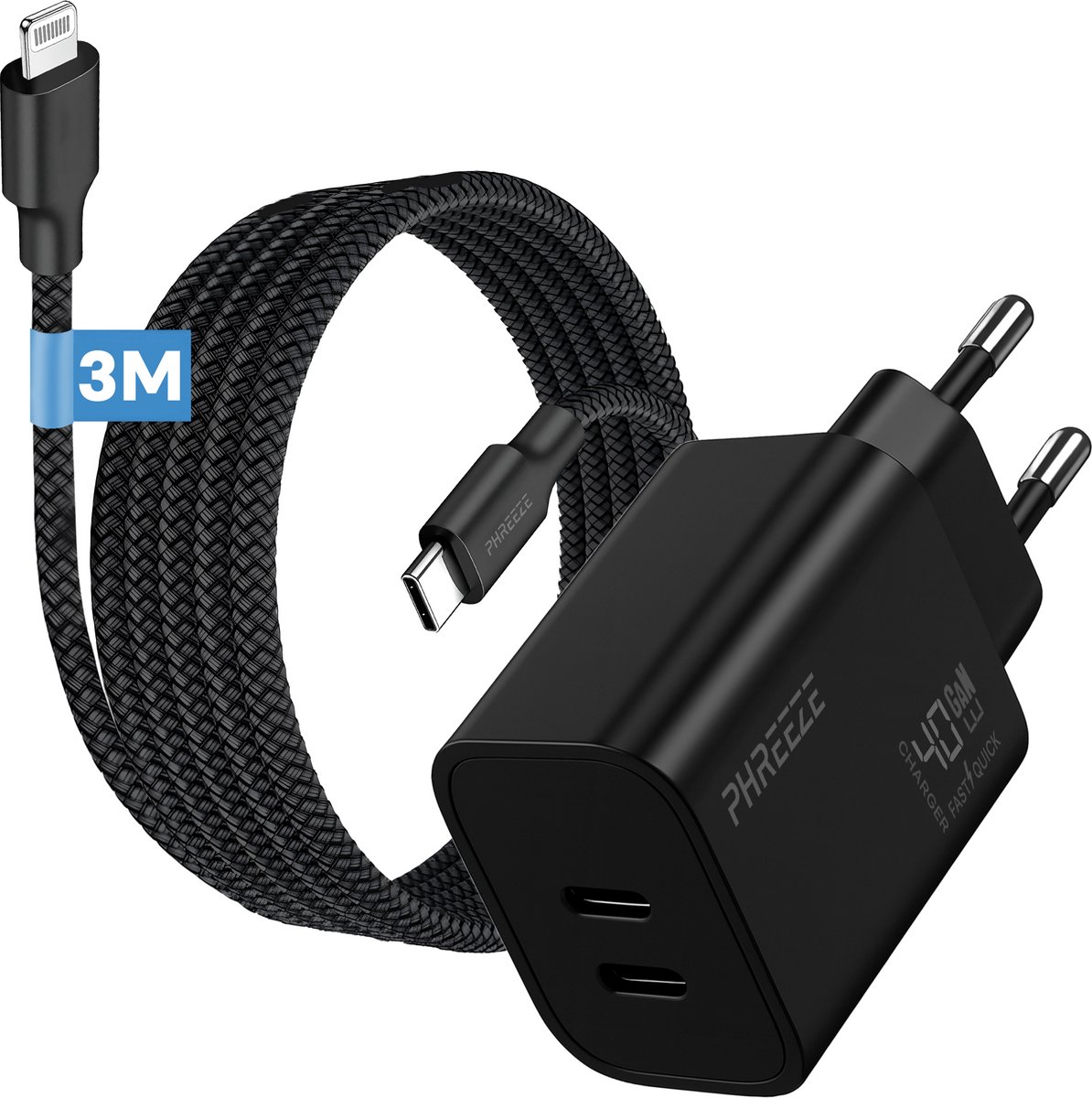 Phreeze usb C snellader geschikt voor iPhone en iPad - Met usb C naar Lightning kabel 3 meter - GaN snellader met 2 usb C poorten - 20w 20 watt usb c power adapter