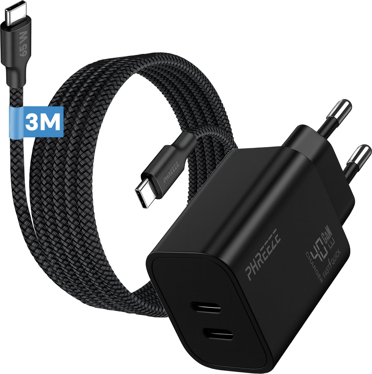 Phreeze usb C adapter 40 W - Usb c naar usb c kabel 3 meter - Power Delivery snellader met 2 poorten