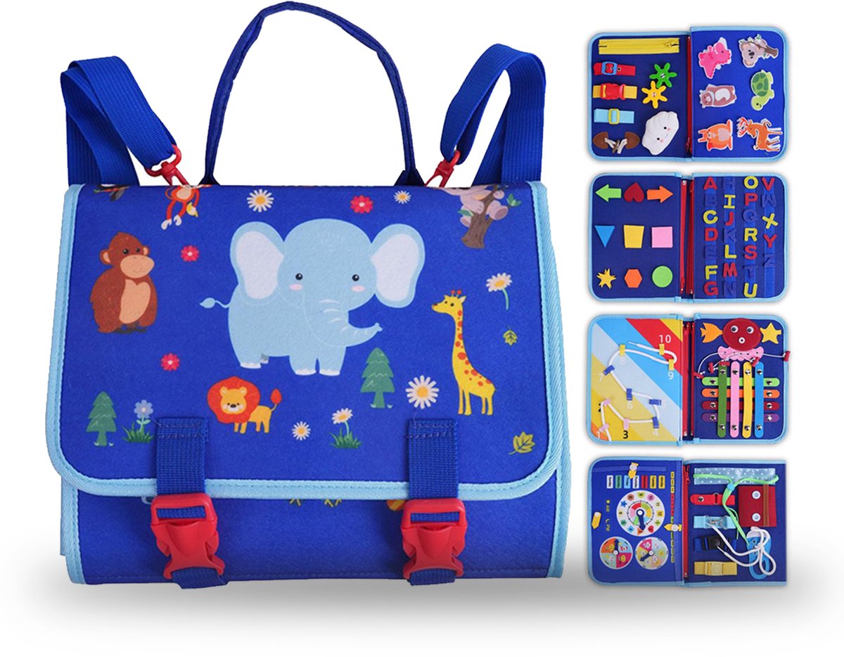 Kiddel Busy Board Safari – Montessori speelgoed – Activiteitenboek & Speelbord Rugtas – Educatief speelgoed 2 jaar – Olifant Dieren Thema