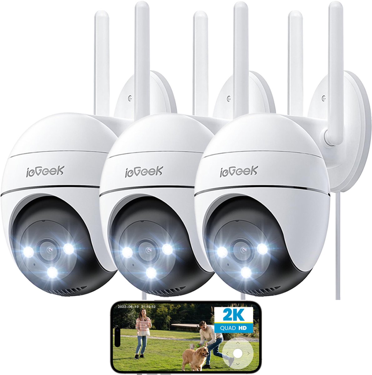 ieGeek ZS-GQ2 Beveiligingscamera Buiten – 2K HD 3MP - Buiten Camera Met Nachtzicht – Buitencamera - Bewakingscamera voor Buiten- Met WiFi en APP - 4x Digitale zoom - Wit - 3 Stuks