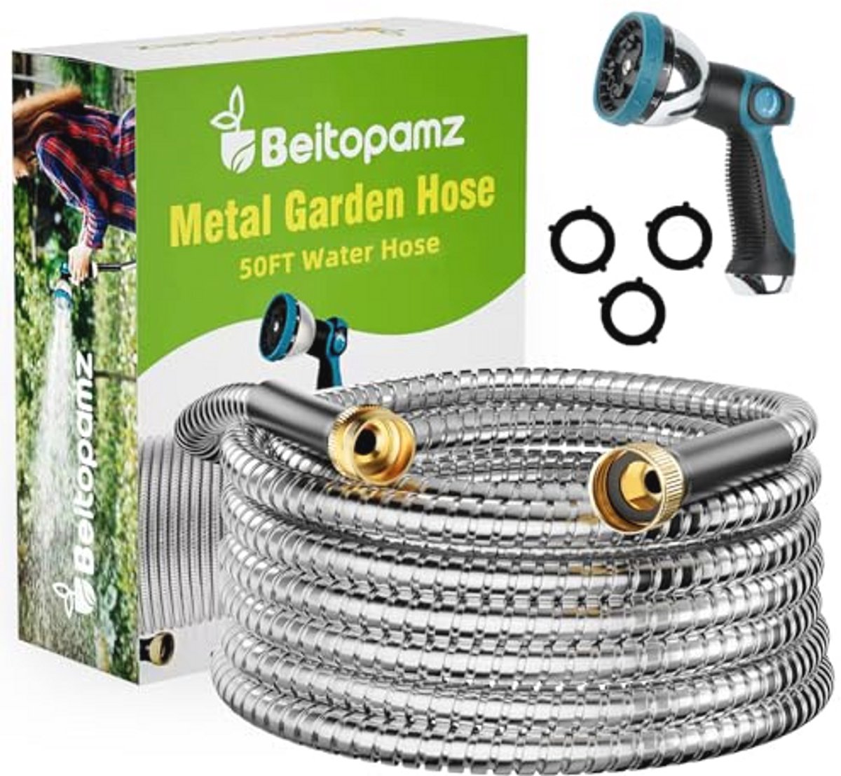 Metaal Tuinslang 15 m RVS Water Hose met Spuitmond, Flexibel, Kinkvrij, Lichtgewicht, Breekvast, Levenslang Gebruik voor Buiten