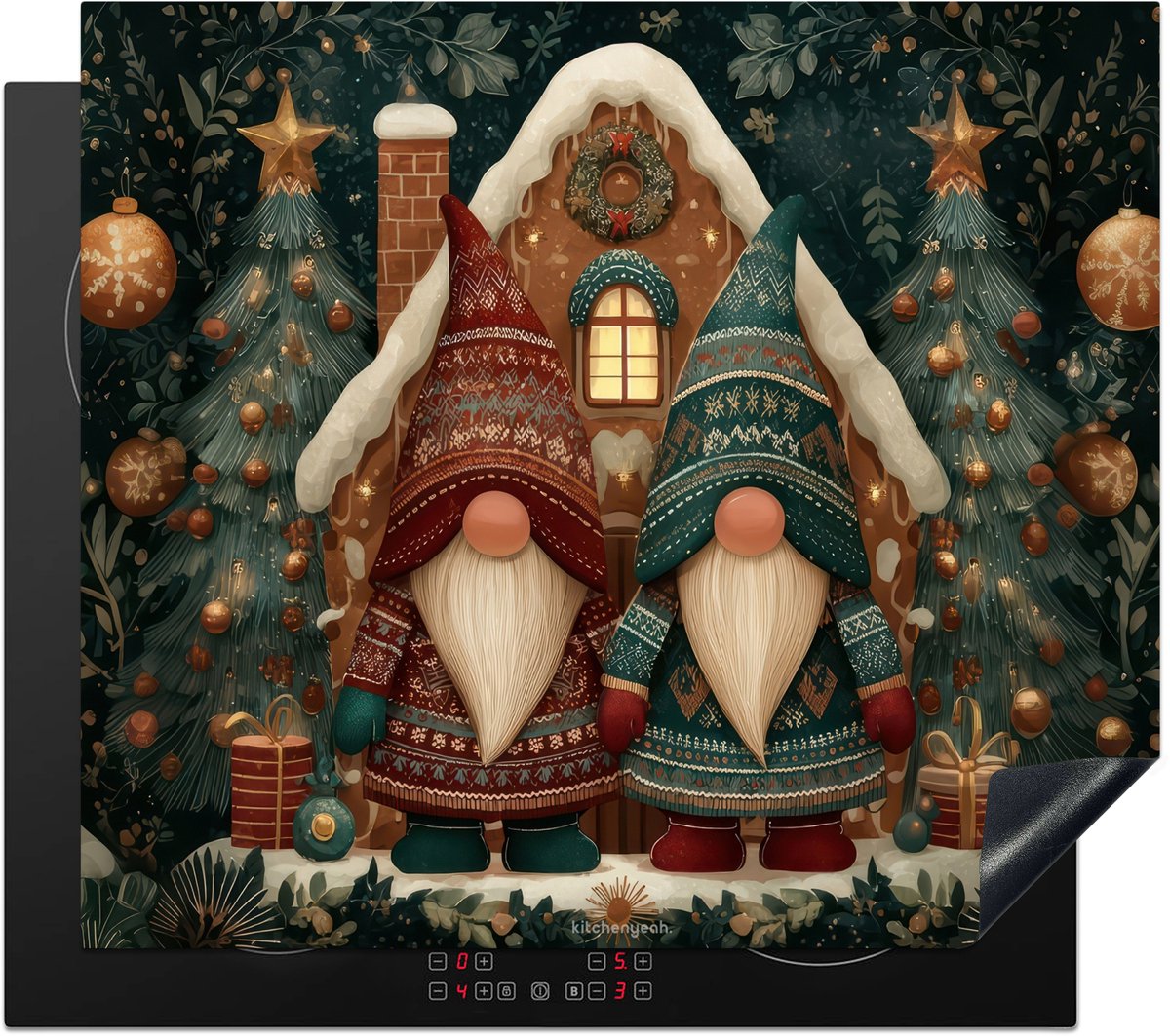 KitchenYeah® Inductie beschermer 59x51 cm - Kerst - Gnomen - Peperkoekhuisje - Kookplaataccessoires - Afdekplaat voor kookplaat - Inductiebeschermer - Inductiemat - Inductieplaat mat - Keuken decoratie