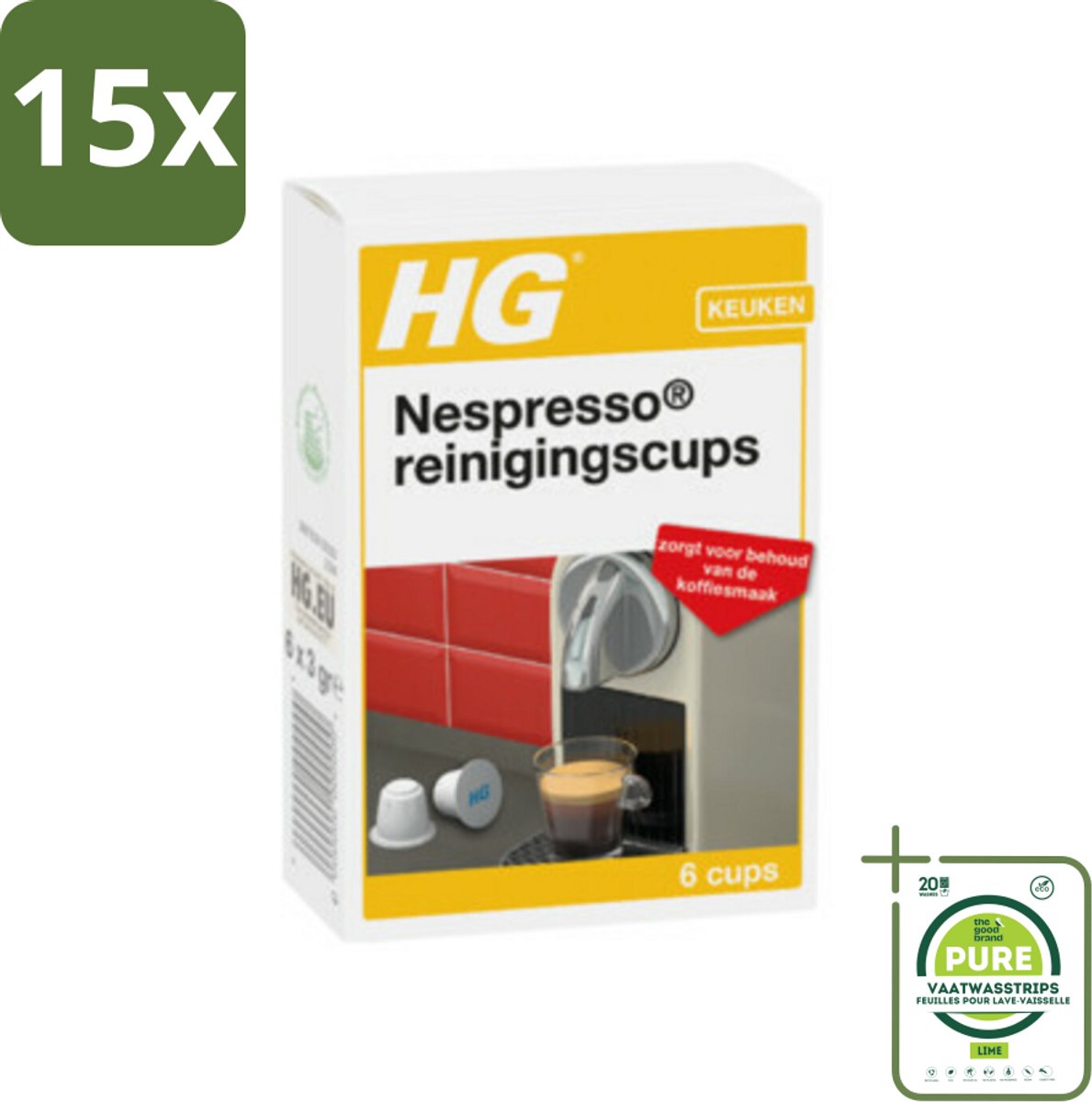 15 x HG - Nespresso Reinigingscups - Verwijdert Grondig Vet & Aanslag - 6 Reinigingscups - Grootverpakking - Nespresso Reiniging - Koffiemachine Schoonmaken - Nespresso Cuphouder Schoonmaken - Koffievet Verwijderen - Koffie-aanbaksel Verwijderen