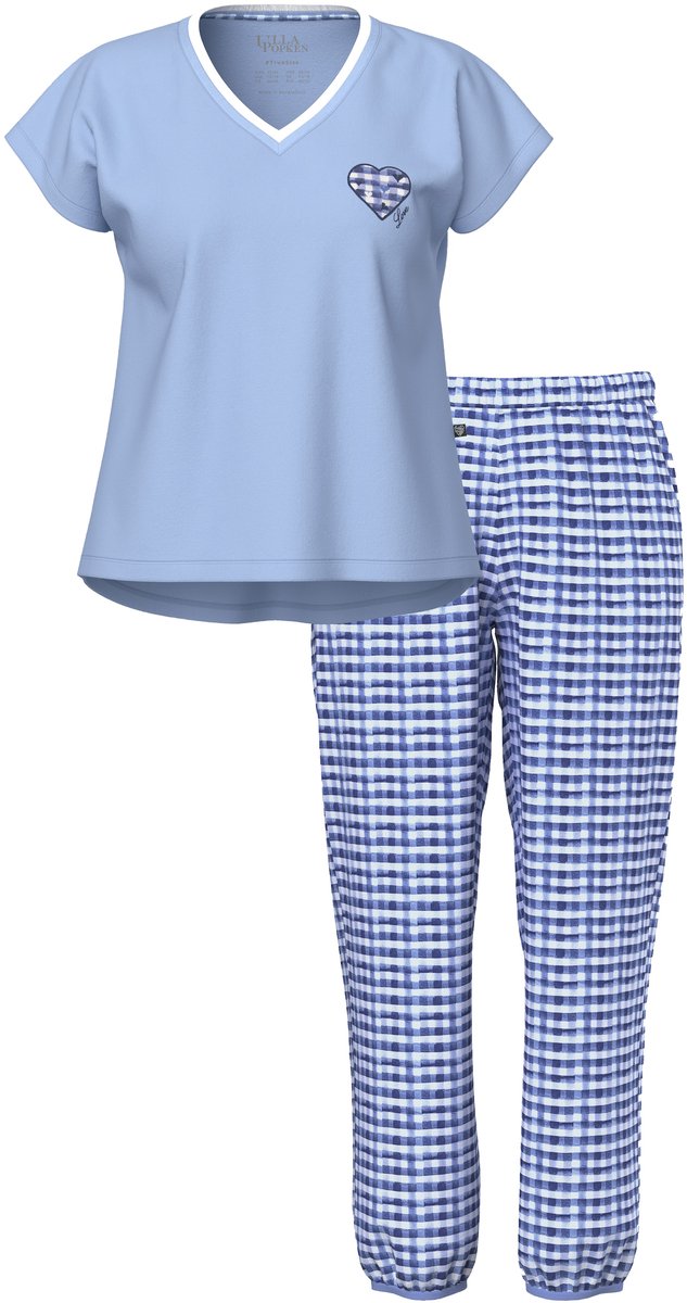 Ulla Popken Dames - Pyjama ruit V-hals korte mouwen - Vorstblauw - Maat 42+