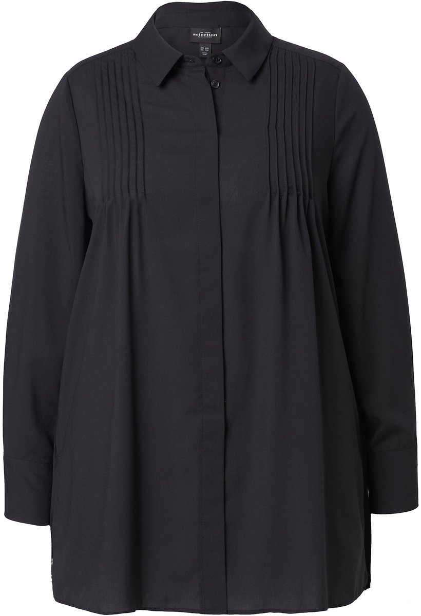 Ulla Popken - Dames - Blouse geplooide rug A-lijn overhemdkraag lange mouw - Zwart - Maat 58+