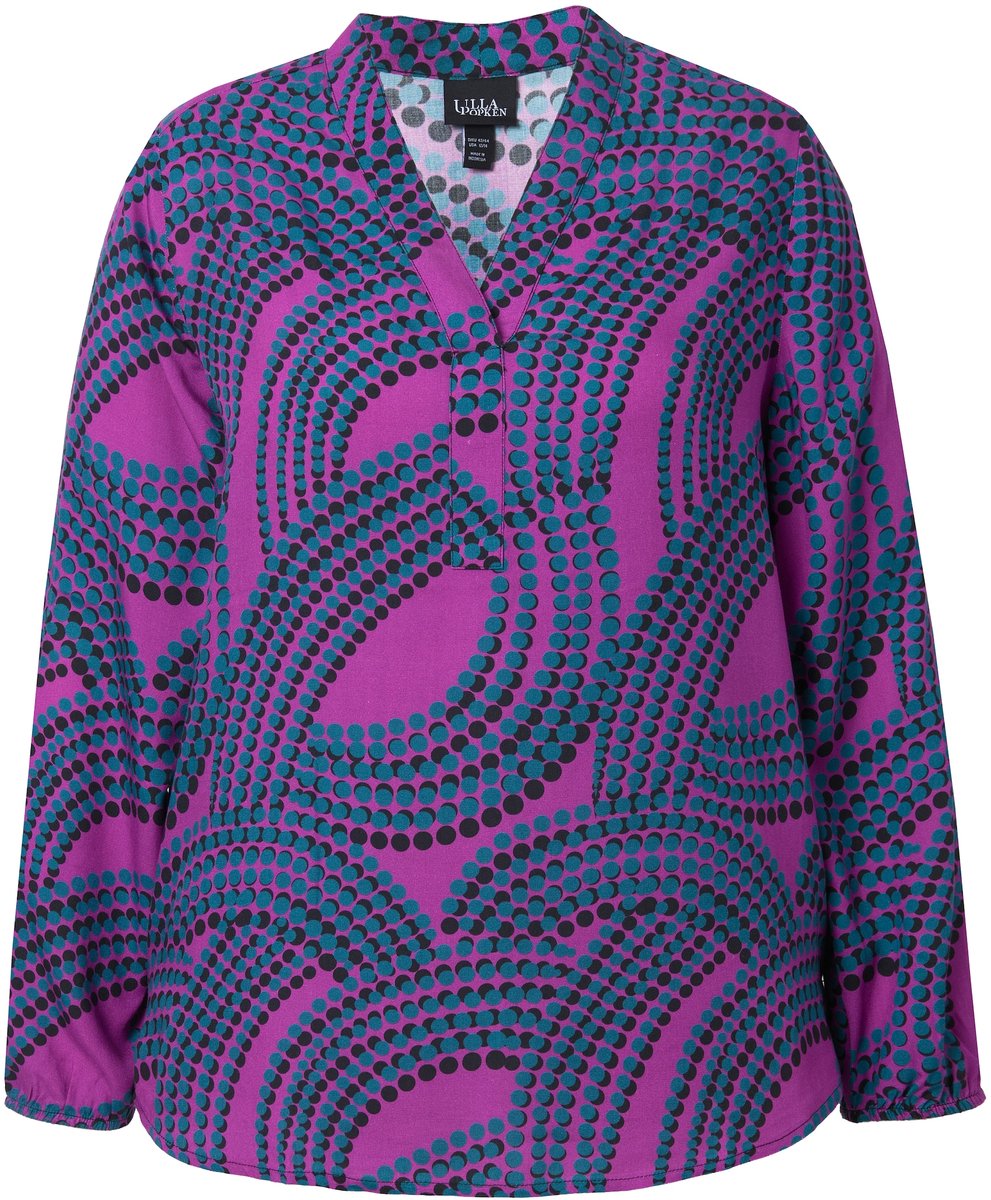 Ulla Popken - Dames - Blouse stippen gobletkraag V-hals lange mouwen - Braambes - Maat 50+