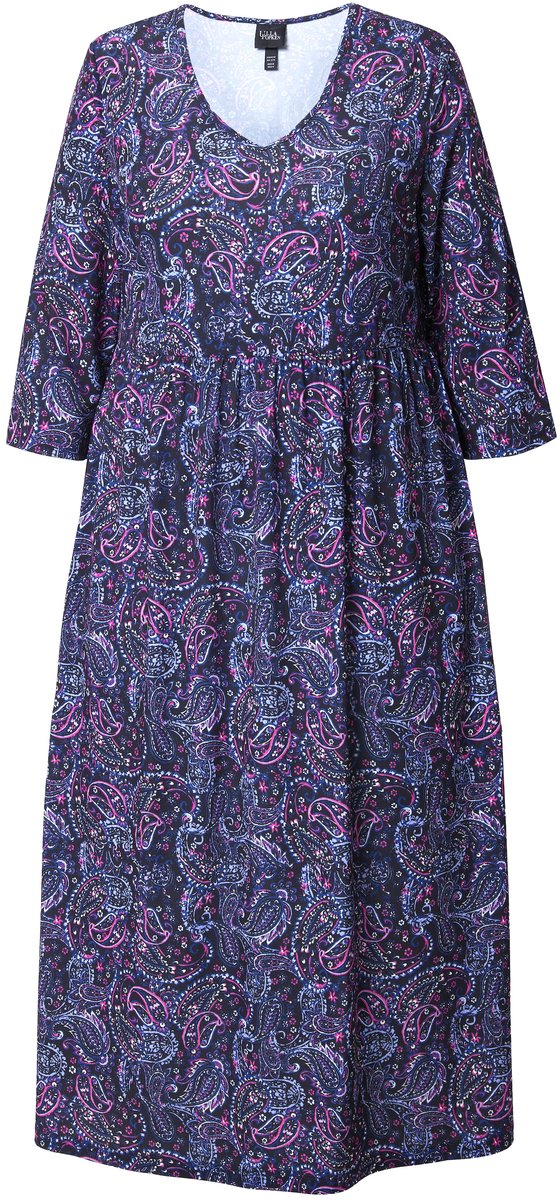 Ulla Popken Dames - Jersey jurk A-lijn V-hals 3/4-mouw - Zwart - Maat 66+