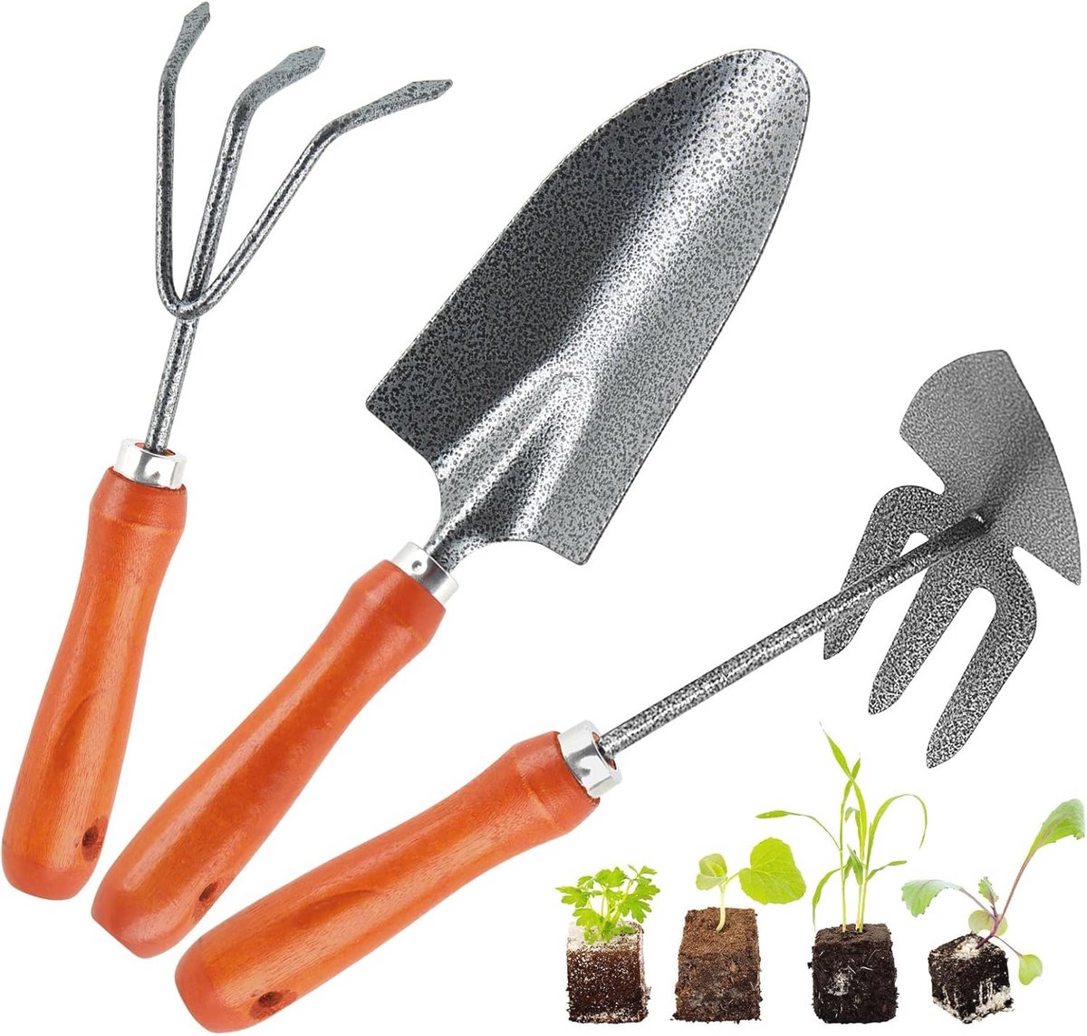 Tuingereedschapsset 3-delig met Houten Handvat en Roestvrij Staal - Tuinschep, Handlepel en Hark voor Bloemen en Planten