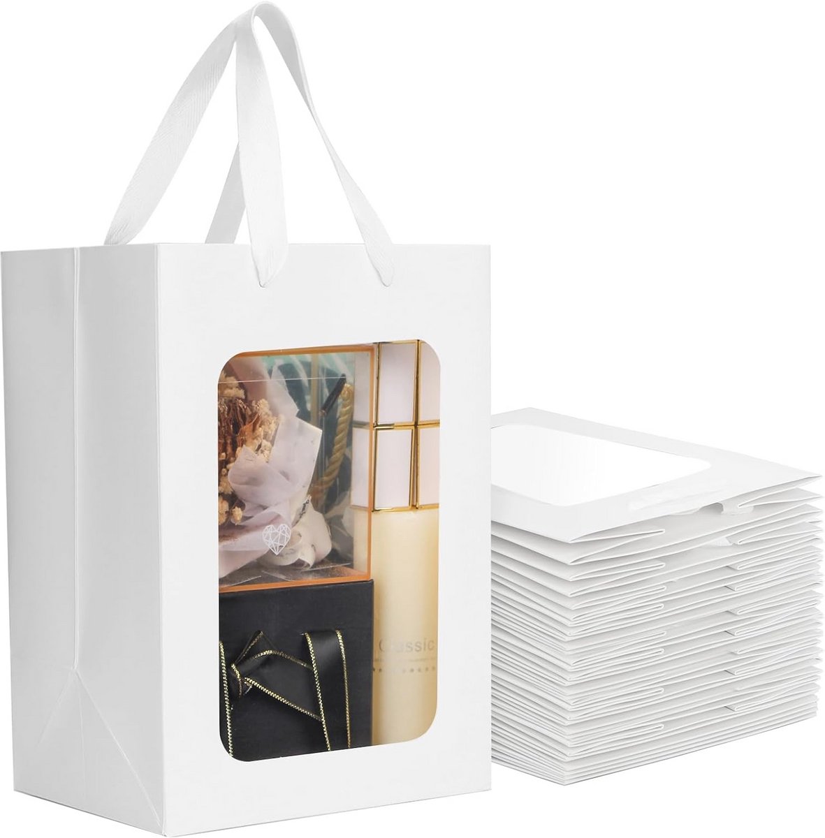 Cadeautasjes – 20 stuks papieren zakken met handvat en venster – 230 g/m², 20 x 16 x 30 cm