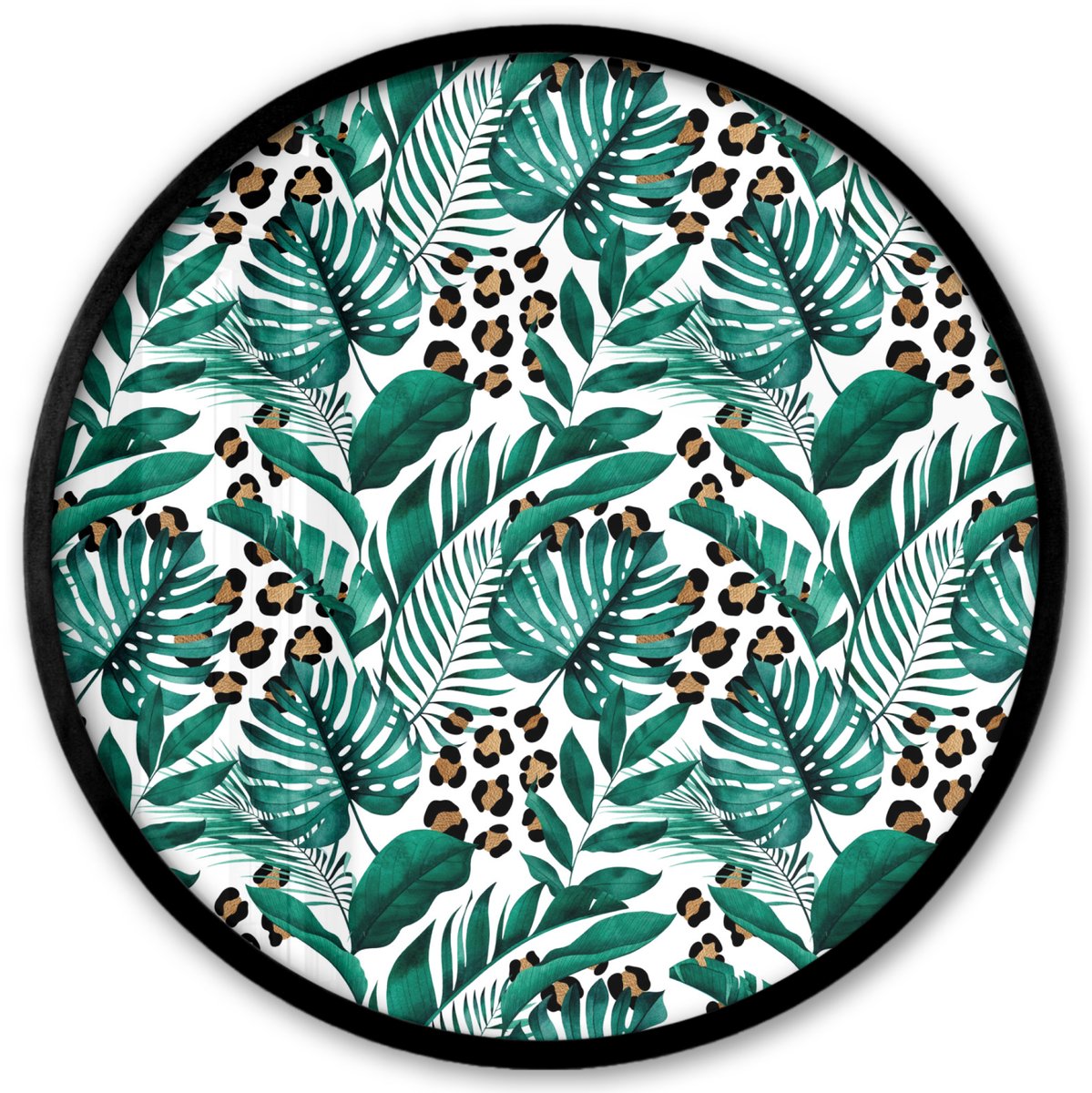 FrameYourWall Poster in lijst Rond - Fotolijst 40x40 cm - Posters - Panterprint - Bladeren - Jungle - Ronde posterlijst zwart - Decoratie - Wanddecoratie woonkamer - Muurdecoratie slaapkamer Multicolor