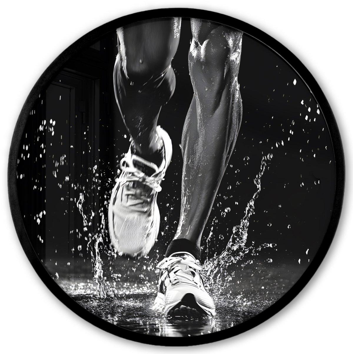 FrameYourWall Poster in lijst Rond - Fotolijst 40x40 cm - Posters - Hardloopschoenen - Rennen - Druppels - Zwart - Ronde posterlijst zwart - Decoratie - Wanddecoratie woonkamer - Muurdecoratie slaapkamer