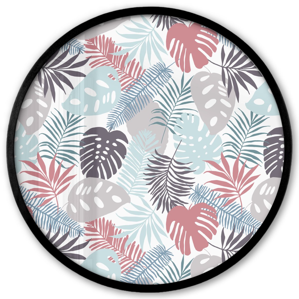 FrameYourWall Poster in lijst Rond - Fotolijst 40x40 cm - Posters - Bladeren - Jungle - Pastel - Tropisch - Ronde posterlijst zwart - Decoratie - Wanddecoratie woonkamer - Muurdecoratie slaapkamer Multicolor