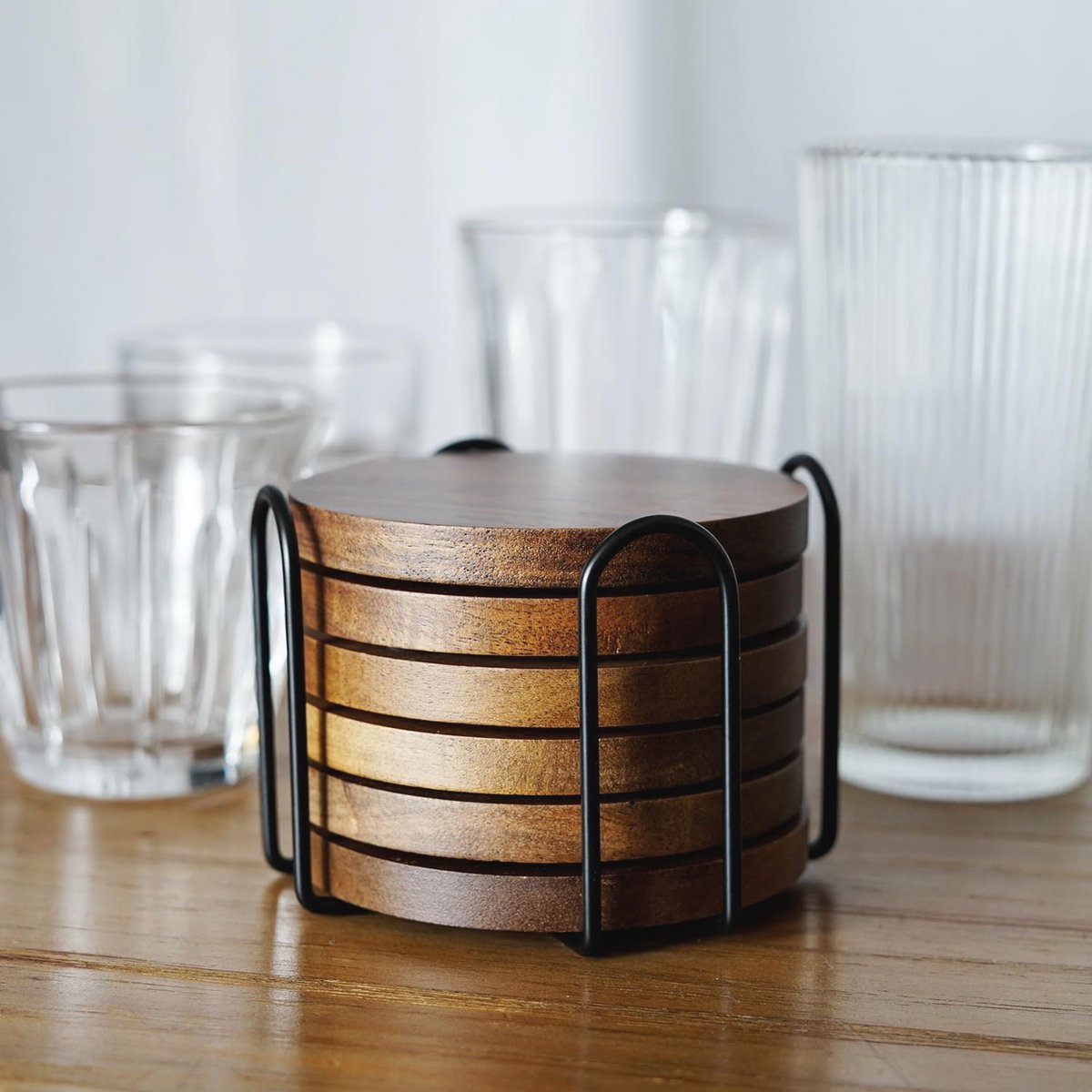 Ronde Houten Onderzetters Set van 6 – Voor Dranken, Salontafel en Bureau