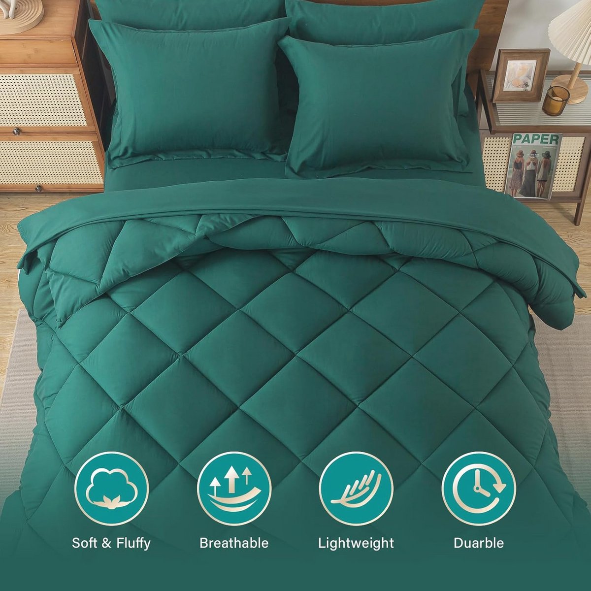 Volledige dekbedsets 7 stuks voor alle seizoenen - Donkergroen met dekbed, kussenslopen, laken en hoeslaken – foto 7
