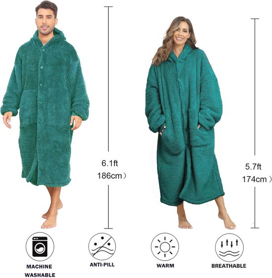 ililmmoe Pluche hoodiedeken voor dames en heren, superwarme en knusse grote draagbare deken met capuchon voor thuis, dikke losse pluche jassen (donkergroen, L