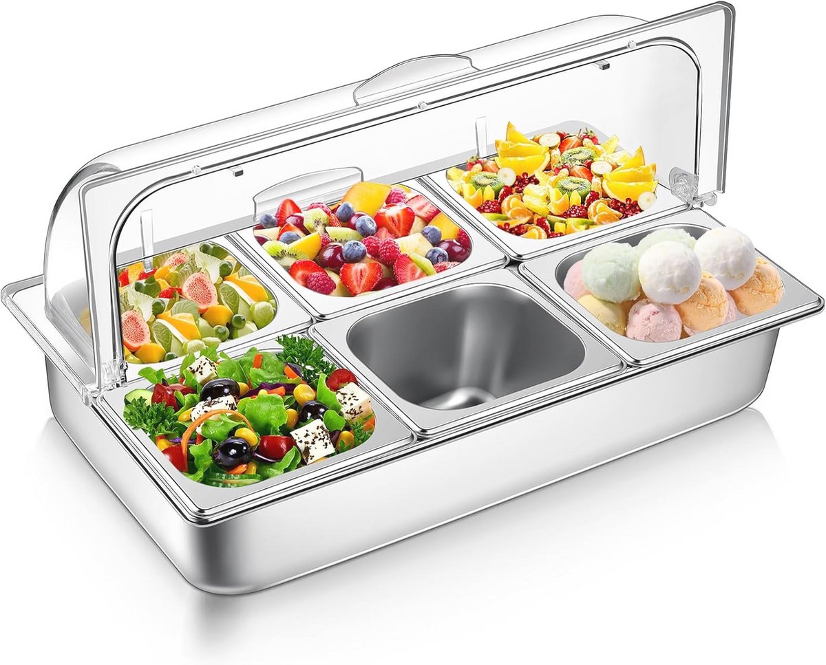 Voedsel Serveerdisplay Container met Duidelijke Roltop Deksel - RVS Buffetlade voor Restaurant en Keuken