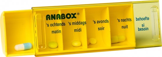Boîte à pilules jaune avec 7 compartiments, chacun avec jour et indication de l'heure.