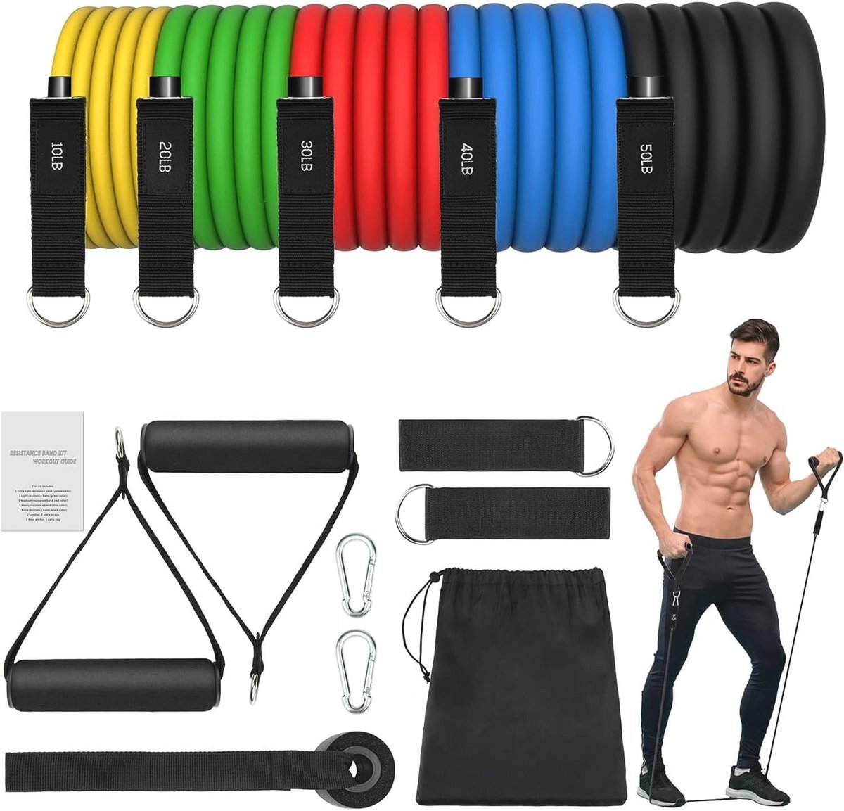 Fitness Elastieken Set - 5 Weerstandsbanden voor Yoga en Pilates - Tot 150 lbs