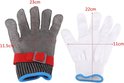 Twee metalen handschoenen met rode polsband en blauwe rand, met afmetingen.