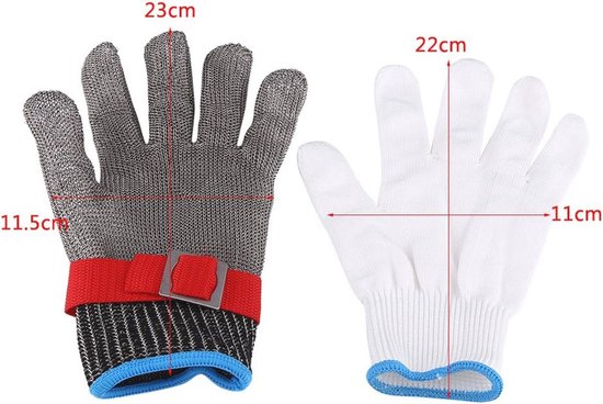 Twee metalen handschoenen met rode polsband en blauwe rand, met afmetingen.