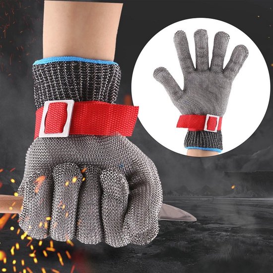 Metalen handschoen met rode polsband en blauwe rand, houdt een mes vast. Kleinere afbeelding op de achtergrond.