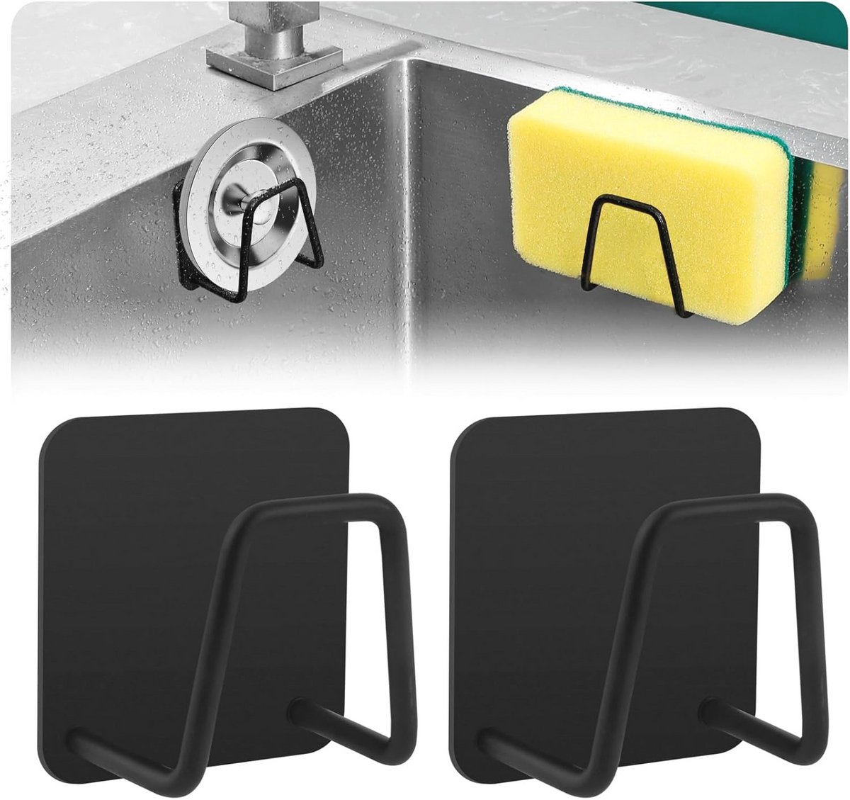 Sponshouder voor Keuken - Zelfklevend Roestvrij Staal, 2 Stuks, Zwart