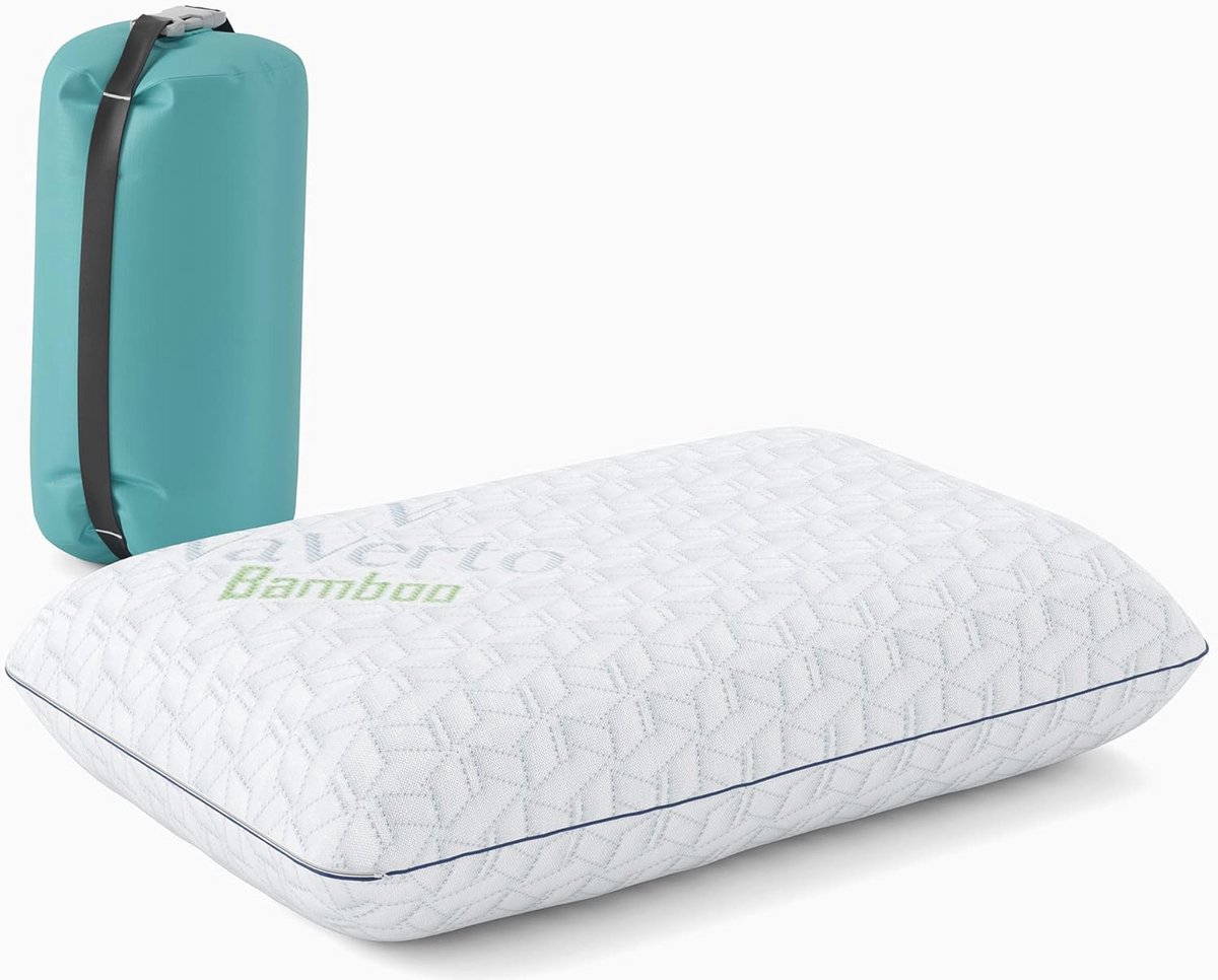 Reis- en Campingkussen - Samendrukbaar Medium Stevig Geheugenschuim, Ademend Bamboehoes, Machinewasbaar - Ideaal voor Backpacken en Vliegtuigen