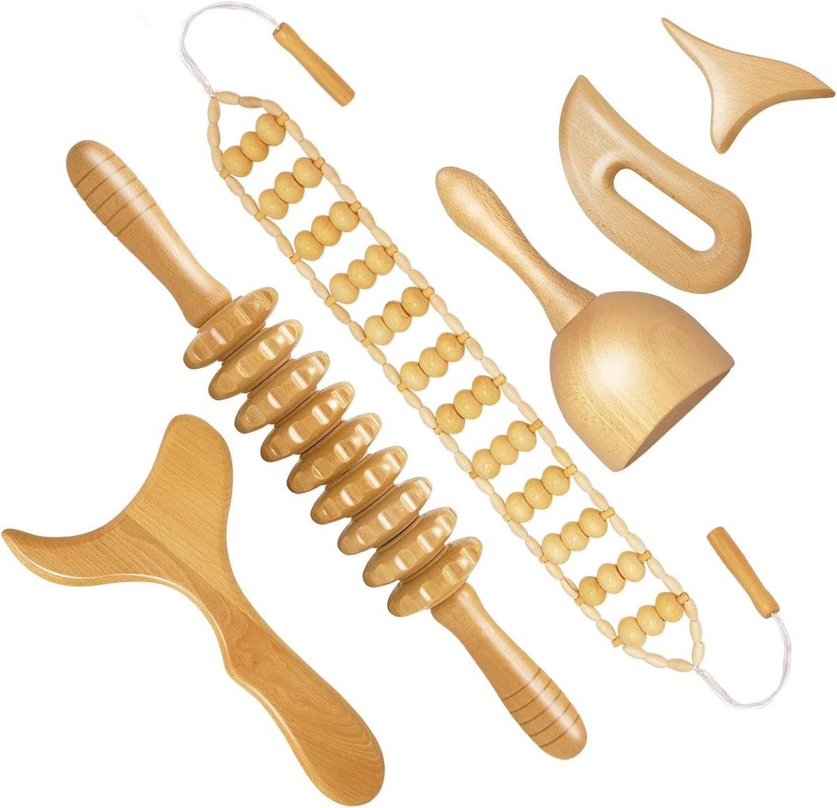 Massagegereedschap voor Houttherapie - Set van 6 Multifunctionele Lichaamsrollers voor Anti-Cellulitis en Pijnlijke Spieren