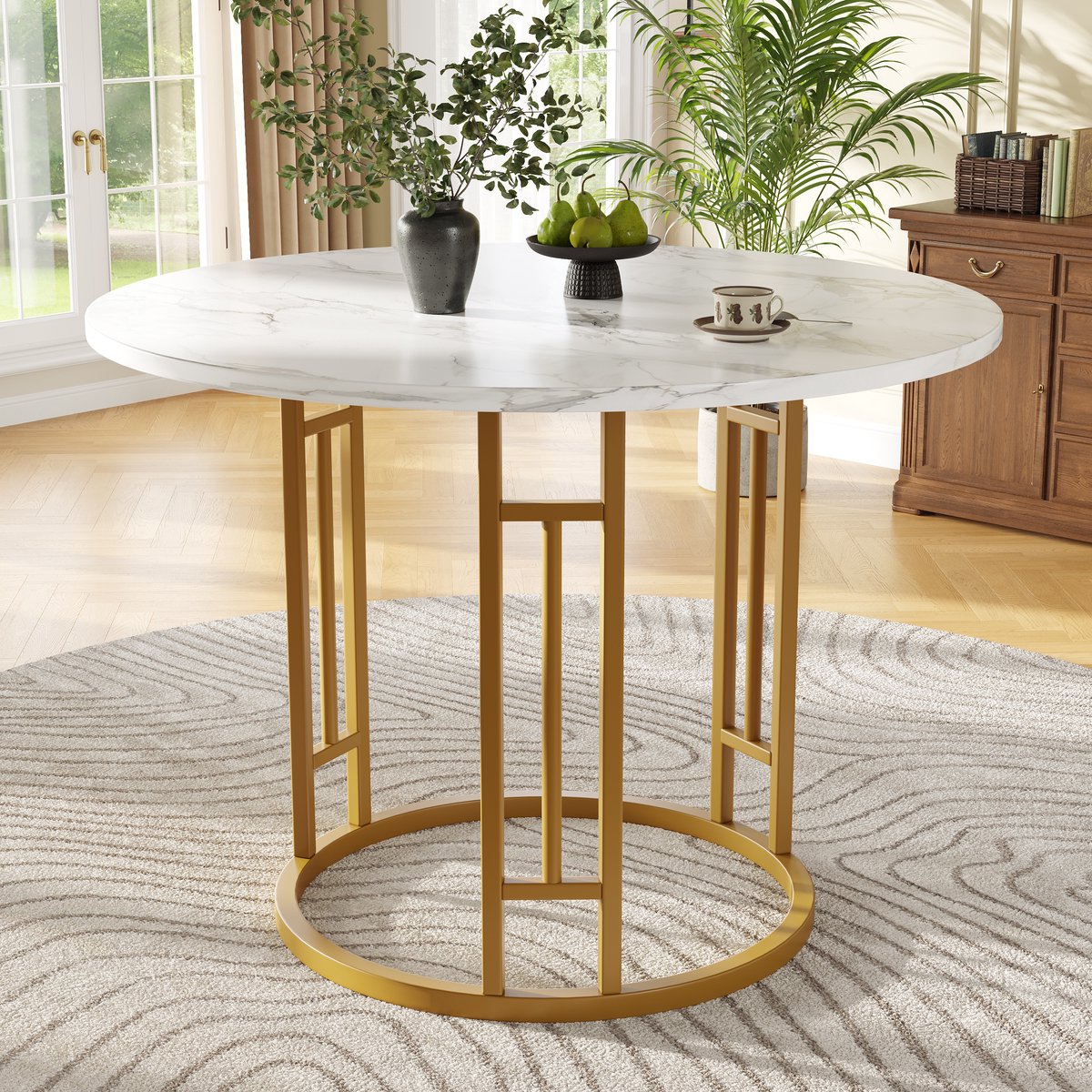REDOM Eettafel 80x80x76 cm, rond van MDF-marmoreffect en metaal, goudkleurig, modern elegant ontwerp