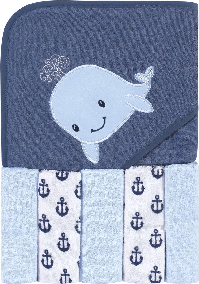 Zachte Baby Badponcho met Capuchon en 5 Was- en Knuffeldoekjes, Zeemotief