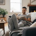 Man leest boek op bank, draagt grijze wollen sokken.