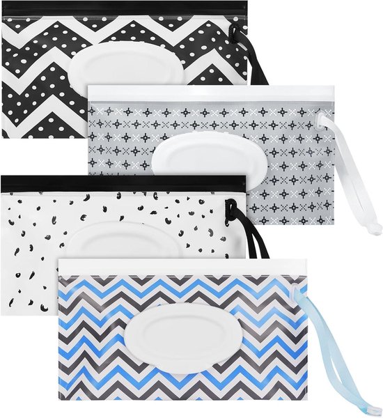 VirtuBuy - Sac de lingettes humides - Réutilisable - Respectueux de l'environnement - Étanche - Portable - Conteneur de voyage - Bébé et adultes - Facile à utiliser avec sac de lingettes humides 4 Pack, 10" x 6" - Sac de rangement EVA.