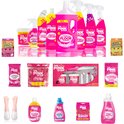 Collectie van diverse "The Pink Stuff" schoonmaakproducten in roze en gele verpakkingen.