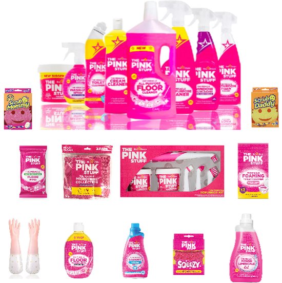 Collectie van diverse "The Pink Stuff" schoonmaakproducten in roze en gele verpakkingen.