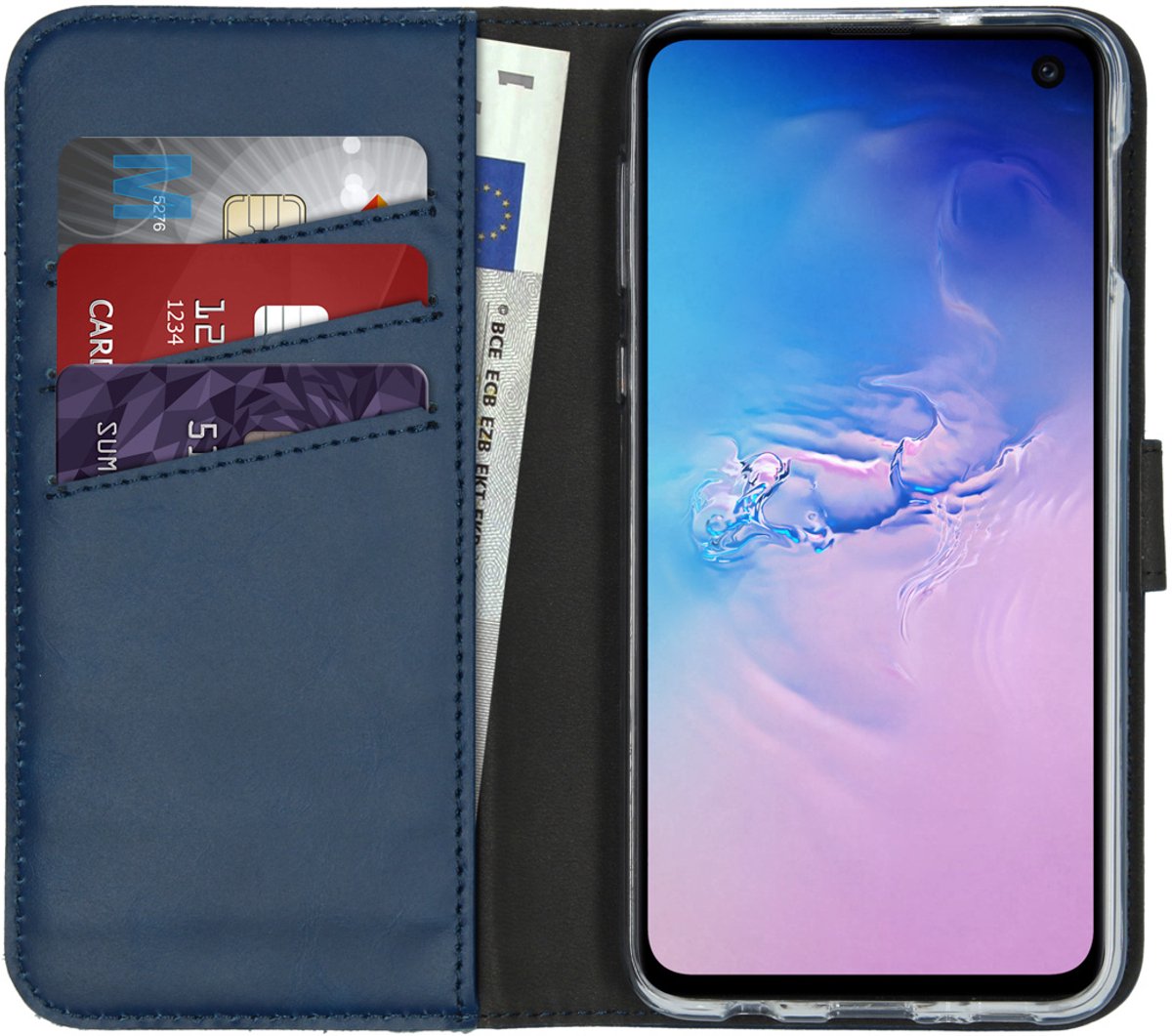 Selencia Hoesje - Geschikt voor Samsung Galaxy S10e - Echt Lederen Bookcase - Blauw