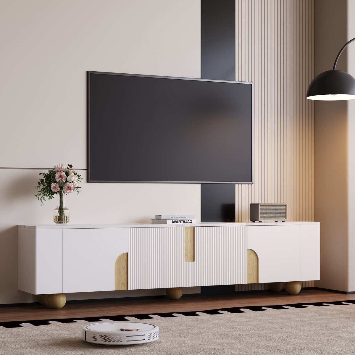 REDOM TV-meubel - MDF,Particle Board - marmoroptik afwerking - 180 L x 40 B x 44 H, White,Wood Wit + Hout