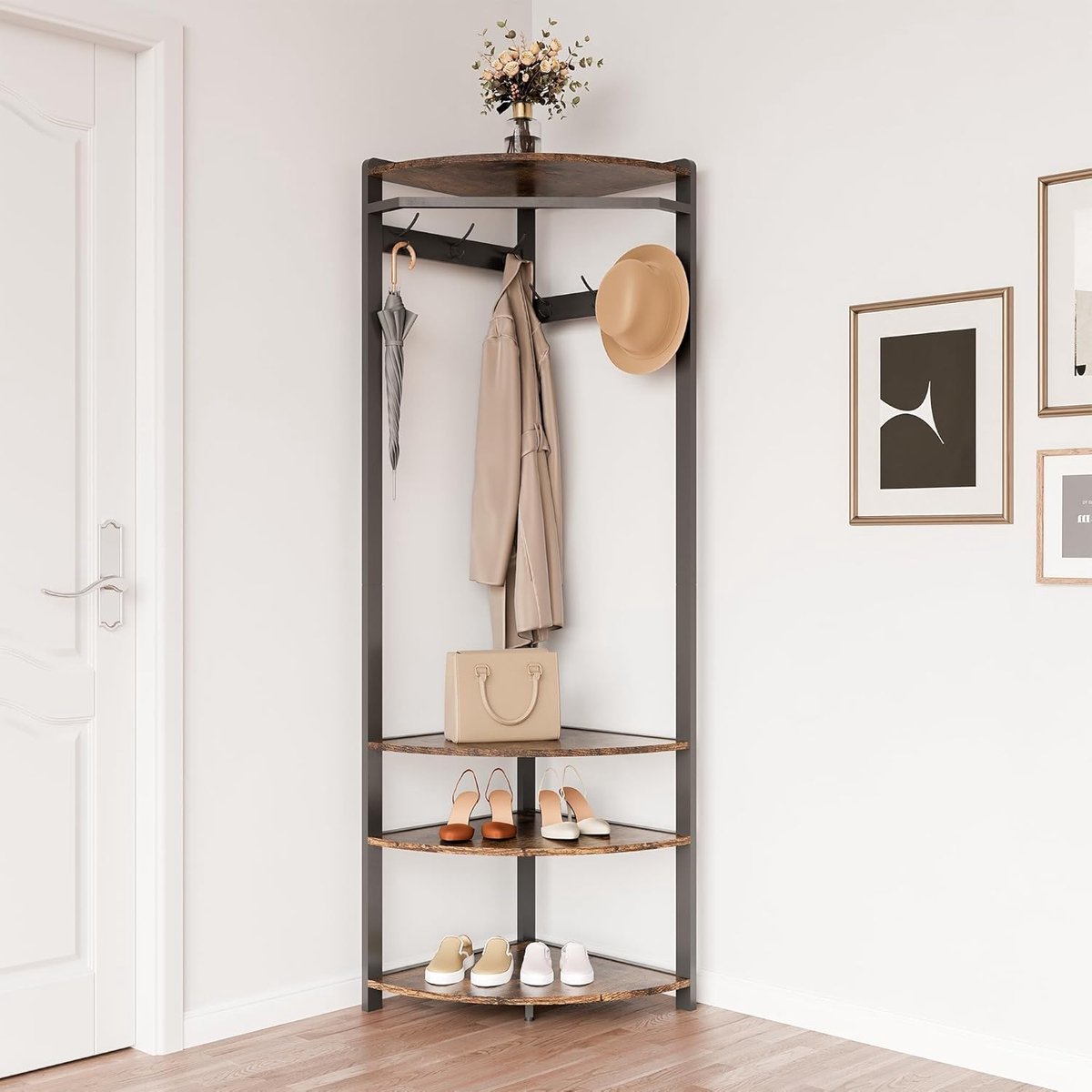 180 cm Metalen hoekkapstok 3-in-1 - Kapstok met 6 dubbele haken - kledingroede - schoenenrek & bovenplank - industrieel design - ruimtebesparend voor hal en gang - bruin