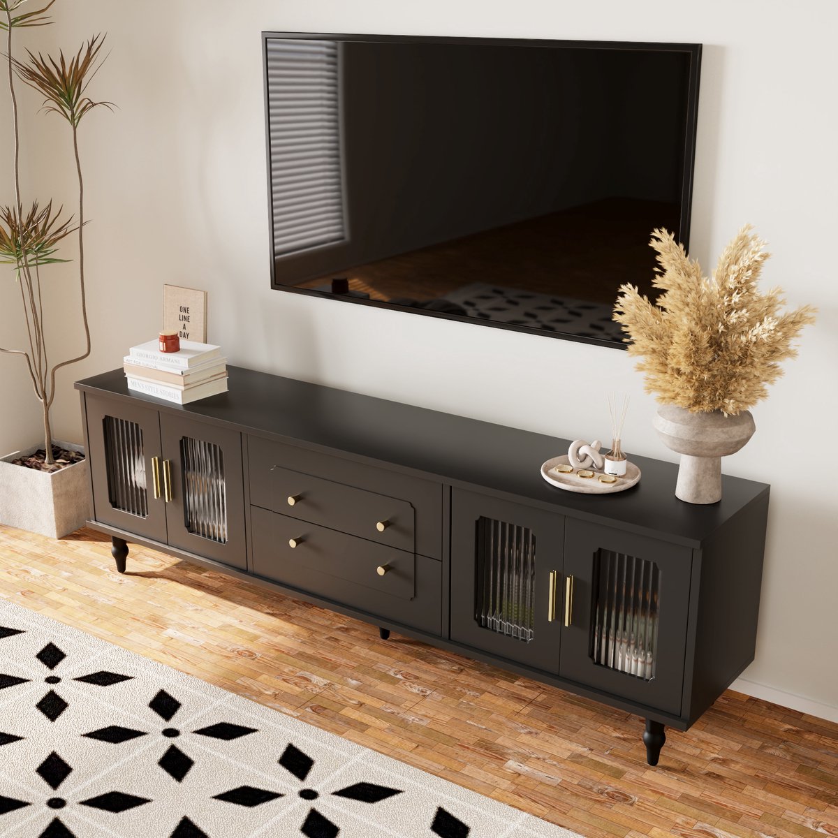 REDOM TV-meubel - Particle board - gouden grepen - 175 x 38 x 55,5 cm Black Zwart